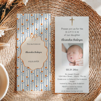 Invitation Vintage Bleu Stripes Orange Floral Photo Baptême