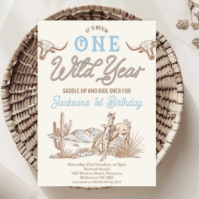 Invitation Vintage Blue Boys Wild Année 1er anniversaire (1st Birthday Invitation Rodeo, Boys One Wild Ride First Birthday Invitation Template Printable, 
)