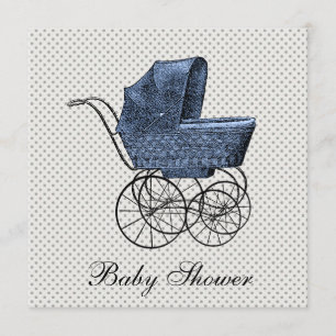 Invitation Vintage Blue Carriage Pram Baby Boy Douche