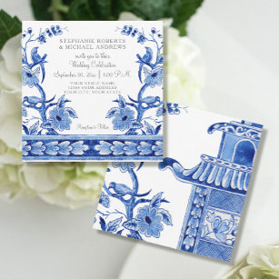 Invitation Vintage Blue Chinoiserie Asiatique Floral Aquarell