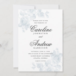 Invitation Vintage Blue Floral Élégant Mariage de script
