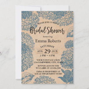 Invitation Vintage Blue Hydrangea Floral Kraft Fête des marié