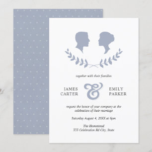 Invitation Vintage Blue Laurel Bride Groom Silhouette Mariage