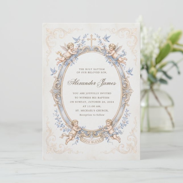Invitation Vintage Blue Renaissance Cherub Baptism (Debout devant)