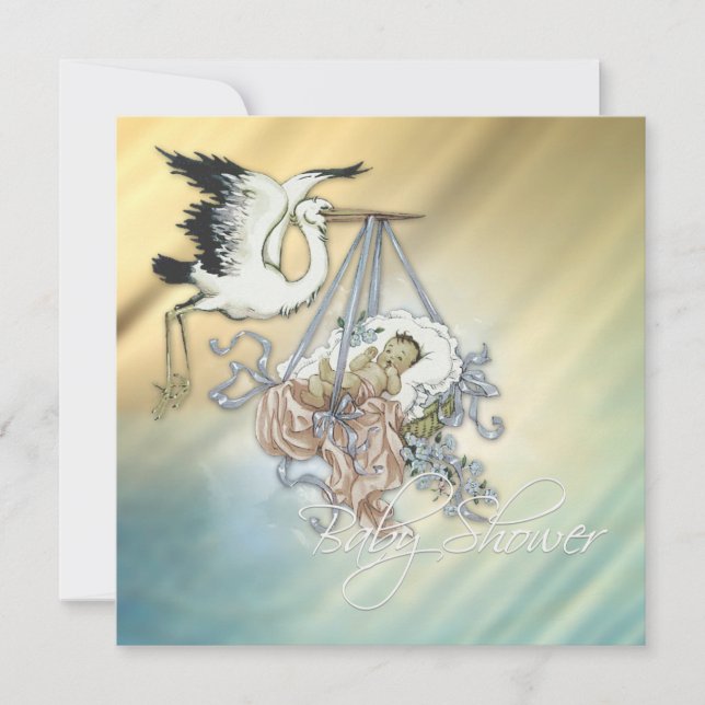Invitation Vintage Blue Stork Baby Boy Douche (Devant)