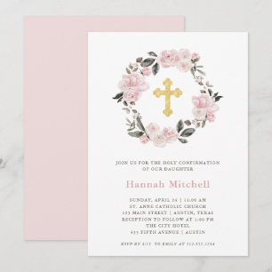 Invitation Vintage Blush Floral et Gold Cross   Confirmations