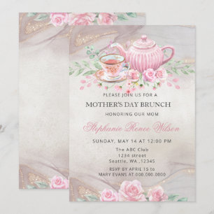 Invitation Vintage Blush Floral Tea Party Fête des mères Brun
