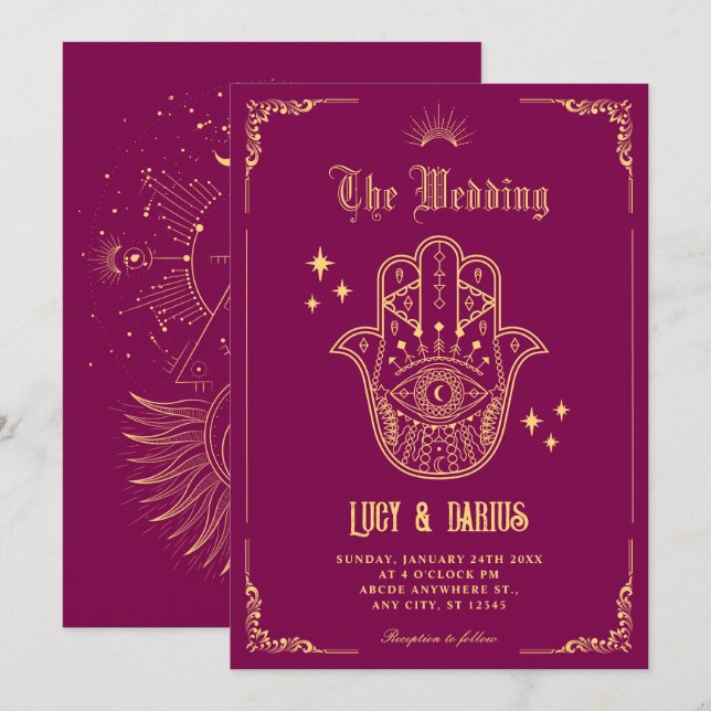 Invitation Vintage Bohemian art symbols wedding (Devant / Derrière)