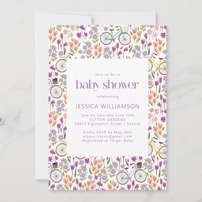 Invitation Vintage Boho Bicycle Baby shower Floral (Devant)
