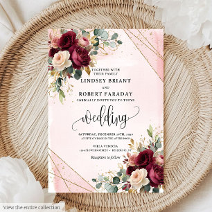 Invitation Vintage Boho Maroon Gold Blush Flowers Mariage