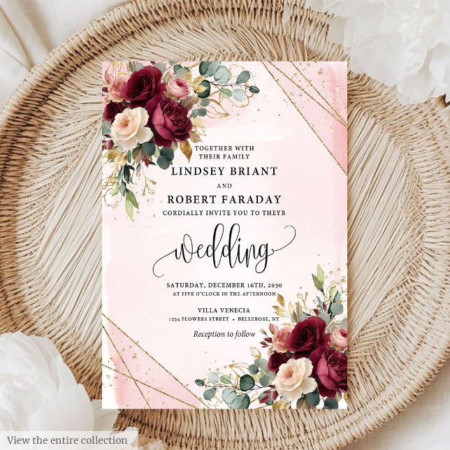 Invitation Vintage Boho Maroon Gold Blush Flowers Mariage (Vintage Boho Maroon Gold Blush Flowers Wedding Invitation)