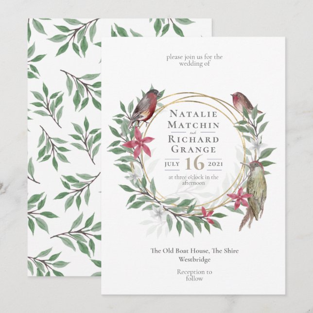 Invitation vintage botanique d'oiseaux rustiques (Devant / Derrière)