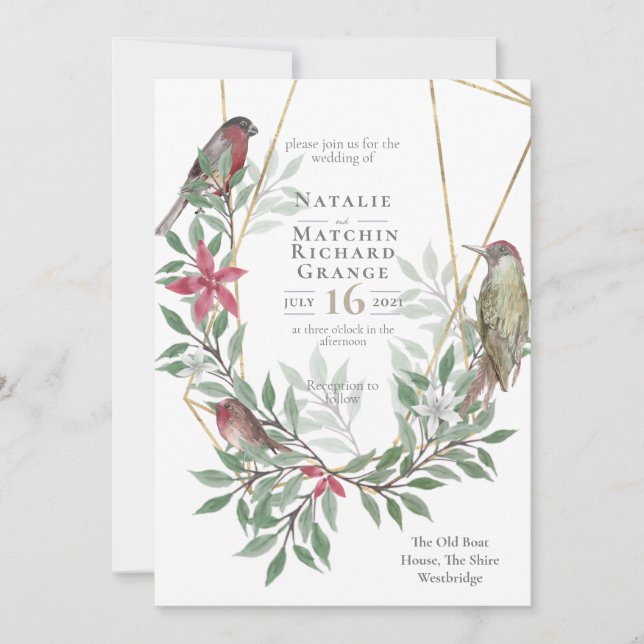 Invitation vintage botanique d'oiseaux rustiques (Devant)