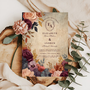 Invitation Vintage Bourgogne et Mariage Floral d'or