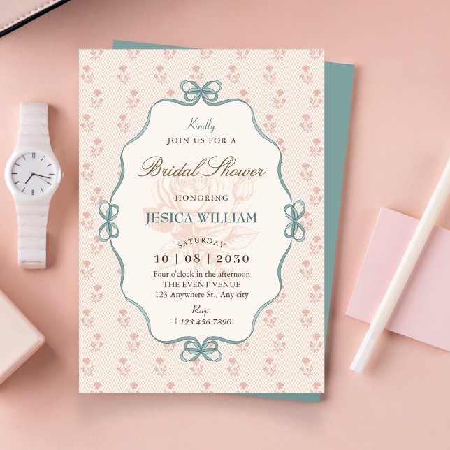 Invitation Vintage bow pastel blue pink BRIDAL SHOWER (Créateur téléchargé)