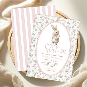 Invitation Vintage Bunny Pink Bow Floral Girl Baby shower