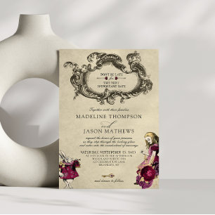 Invitation Vintage Burgundy Gold Alice en Wonderland Mariage