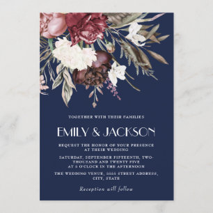 Invitation Vintage Burgundy Rose Floral Navy Mariage bleu