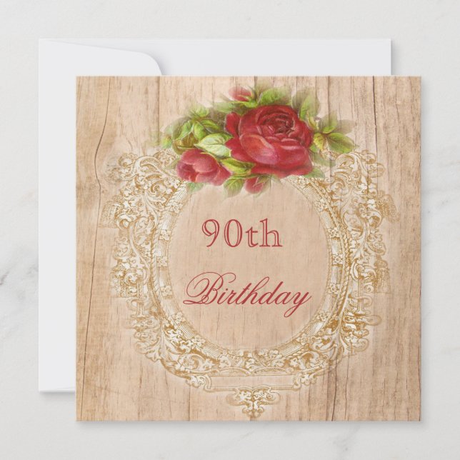 Invitation Vintage cadre en bois de rose rouge 90e anniversai (Devant)