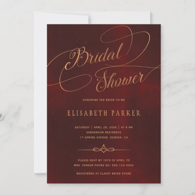Invitation Vintage calligraphie or bordeaux douche nuptiale (Devant)