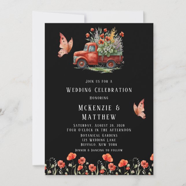 Invitation Vintage Camion Red Poppies Papillon Mariage (Devant)