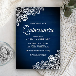 Invitation Vintage Campagne Bleu Marine Bois Dentelle Robe de