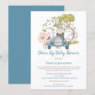 Invitation Vintage Car Bunny Foliage boy Drive Par Baby showe