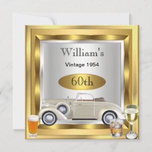 Invitation Vintage Car Mens 60e Anniversaire Party Gold Silve