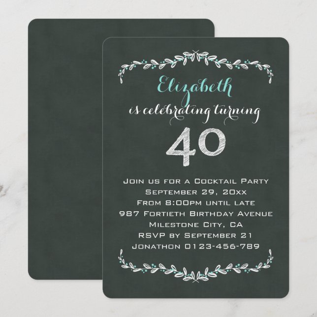 Invitation Vintage Chalkboard Laurel 40e anniversaire (Devant / Derrière)