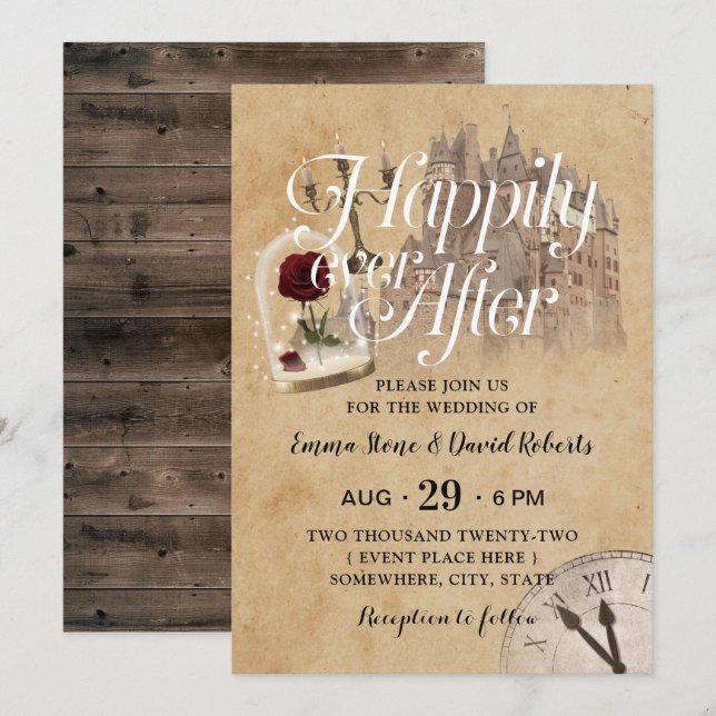 Invitation Vintage Château de Fairytale Happy Après Mariage (Devant / Derrière)