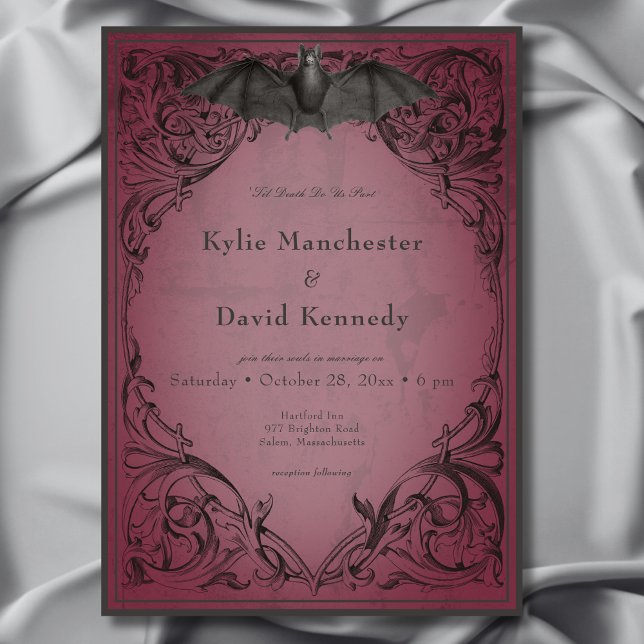 Invitation Vintage chauve-souris jusqu'à la mort Bourgogne Ma (Vintage Bat Until Death Burgundy Wedding Invitation)
