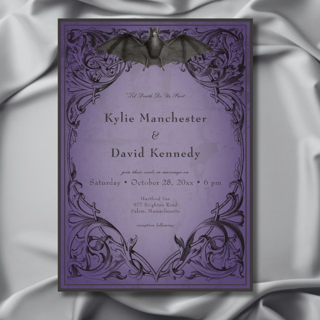 Invitation Vintage chauve-souris jusqu'à la mort violet Maria (Vintage Bat Until Death Purple Wedding Invitation)