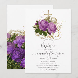 Invitation Vintage chic floral baptême violet et or
