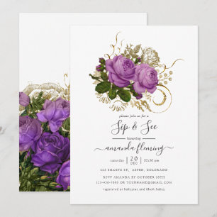 Invitation Vintage chic floral Purple et Or Sip and See
