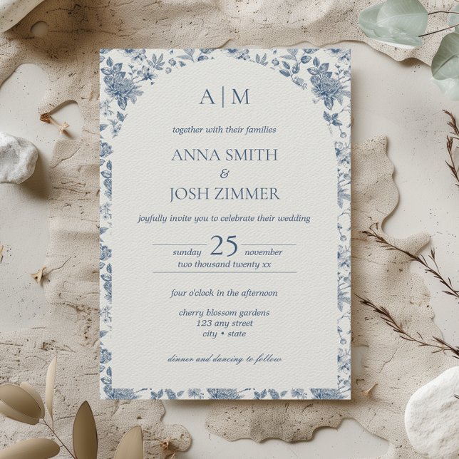 Invitation Vintage Chinoiserie Blue Floral Mariage (French Vintage Dusty Blue Floral Pattern Chinoiserie Classy Elegant Wedding Invitation)
