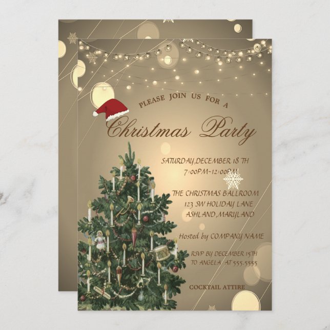 Invitation Vintage Christmas Tree Compagnie de Noël (Devant / Derrière)