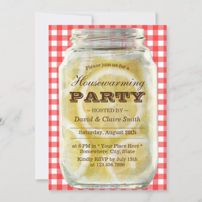 Invitation Vintage Citrons Jar Plaid Red House Party (Devant)