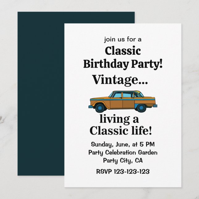 Invitation Vintage Classic Car Birthday (Devant / Derrière)