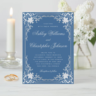 Invitation Vintage Classique Bleu Faux Argent Mariage élégant
