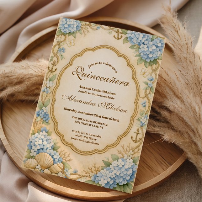Invitation Vintage Coastal Hydrangea Quinceañera (Créateur téléchargé)