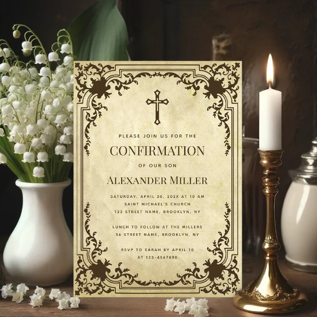 Invitation Vintage Confirmation Antique Parchemin Religieux (Créateur téléchargé)