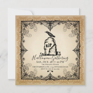 Invitation Vintage Corbeau Gravestone Halloween Party