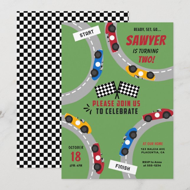 Invitation Vintage course voiture fête d'anniversaire (Devant / Derrière)