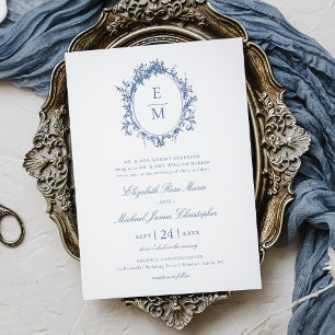 Invitation Vintage Crest Monogramme Botanique Bleu Mariage