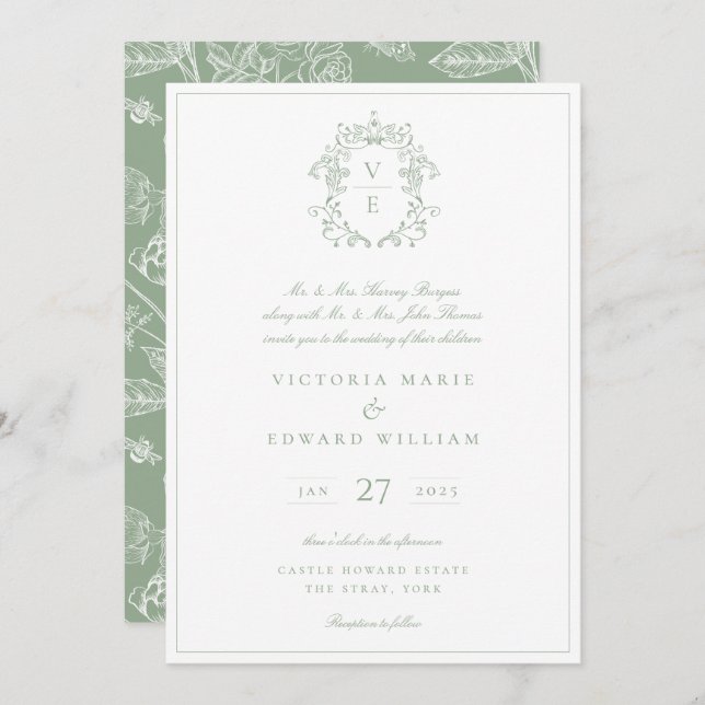 Invitation Vintage Crest Monogramme Mariage Sage (Devant / Derrière)