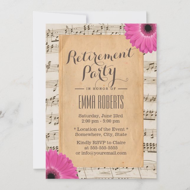 Invitation Vintage Daisy Floral Parti de retraite musicale (Devant)
