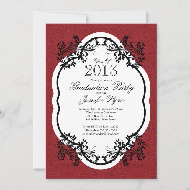 Invitation Vintage Damask Stylish Red Graduation Party (Devant)