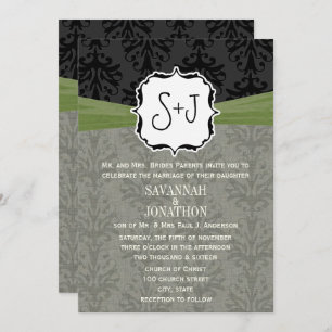 Invitation Vintage Damsk Olive Green Mariage noir