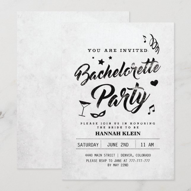 Invitation vintage de Bachelorette noir et blanc (Devant / Derrière)