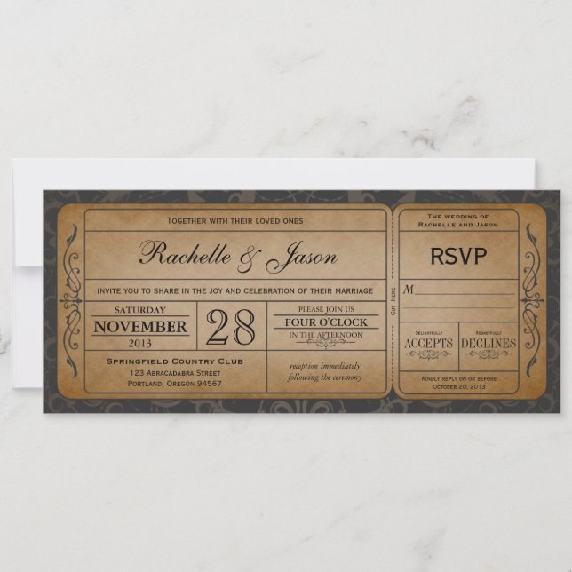 Invitation vintage de billet de mariage avec RSVP (Devant)